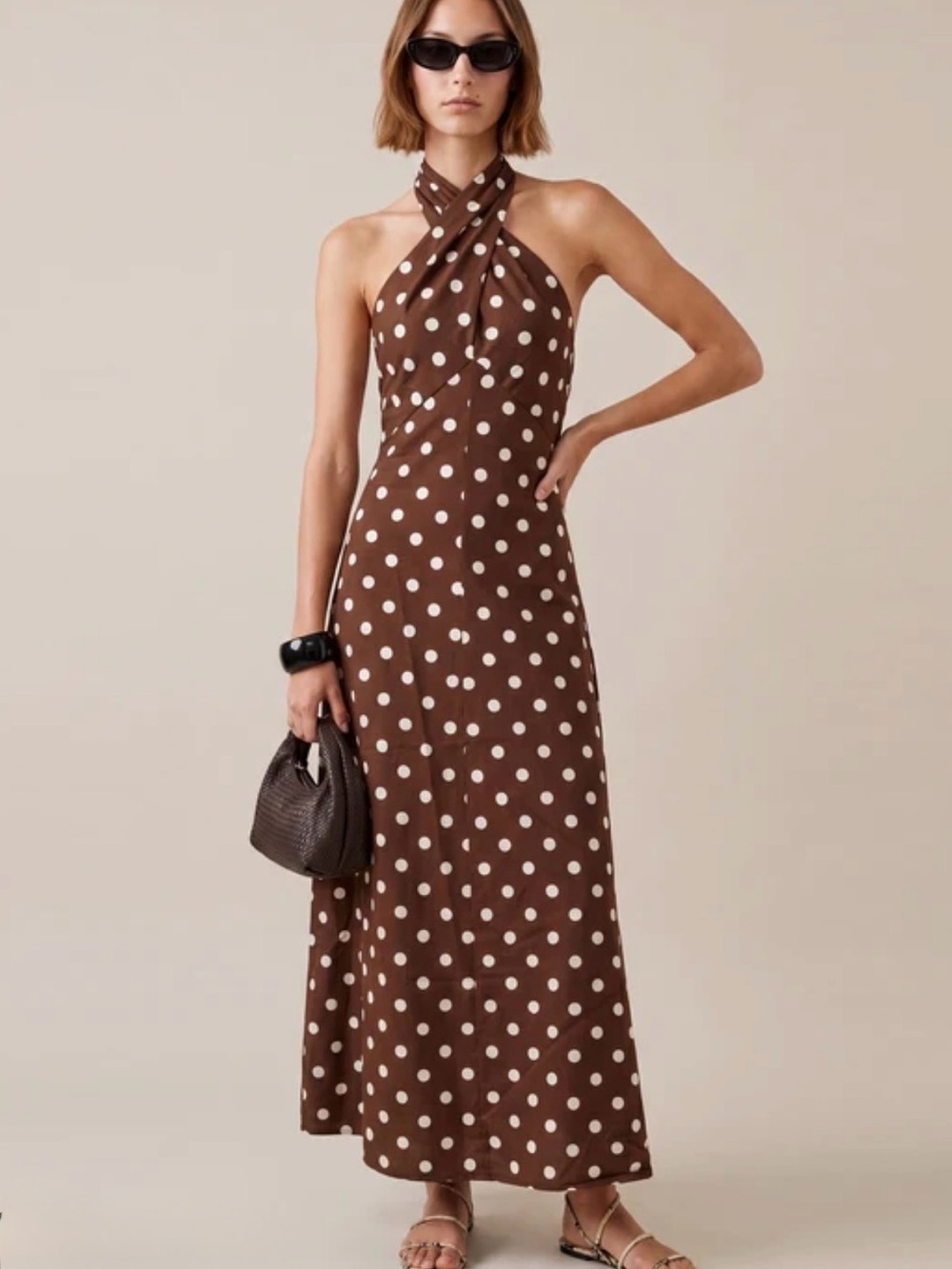 Few Moda | O.P.T | Noelle Brown Polka Dot Halter Maxi Dress
